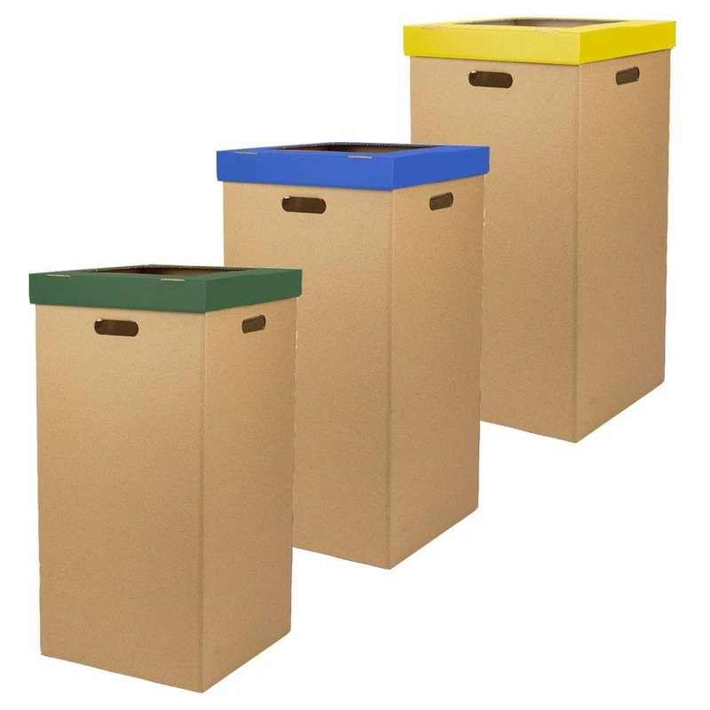 KARTOX Only Boxes | Cardboard Bin | Wastebasket with Lid | Dimensions 34.3 x 34.3 x 68 cm | Pack of 3 | Green, Blue and Yellow