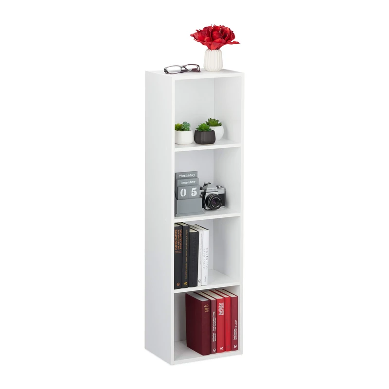 Relaxdays Bookcase, 4 Tiers, Modern Design, Standing Storage Shelf, Home & Office, PB, HxWxD: 106 x 30 x 23 cm White