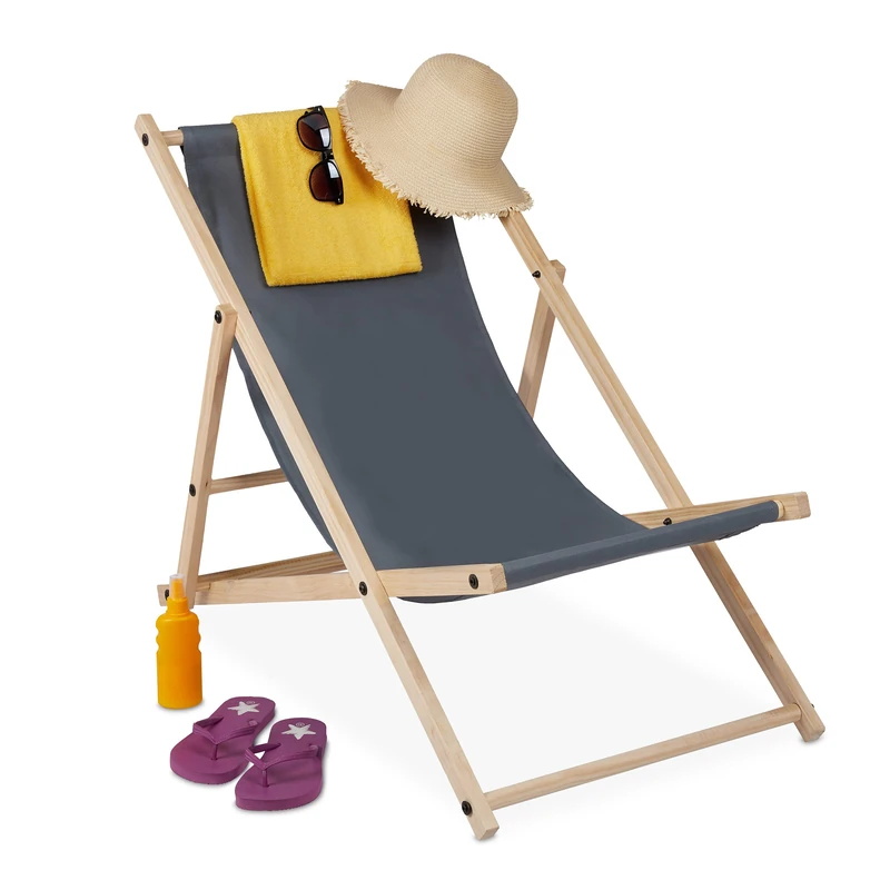 Relaxdays Beach Deckchair Wood, Foldaway Wooden Steamer Chair With Fabric, Adjustable, Garden, Balcony, Anthracite