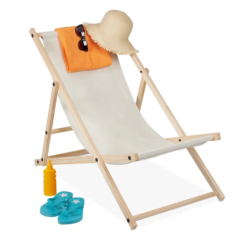 Relaxdays Beach Deckchair Wood, Foldaway Wooden Steamer Chair With Fabric, Adjustable, Garden, Balcony, Beige