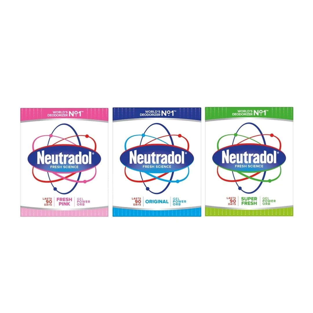 Neutradol Slow Release Gel, Air Freshener and Odour Eliminator, No Plug or Spray Needed, Super Fresh, Fresh Pink & Original, Multipack of 3 x 135g