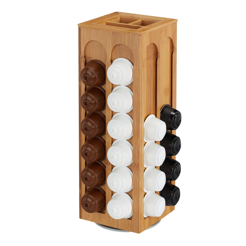 Relaxdays 10029485 Kapselhalter Coffee Holder for Dolce Gusto Capsules, Rotative, Bamboo Dispenser, H x W x D: 40.5 x 14 x 14 cm, Natural