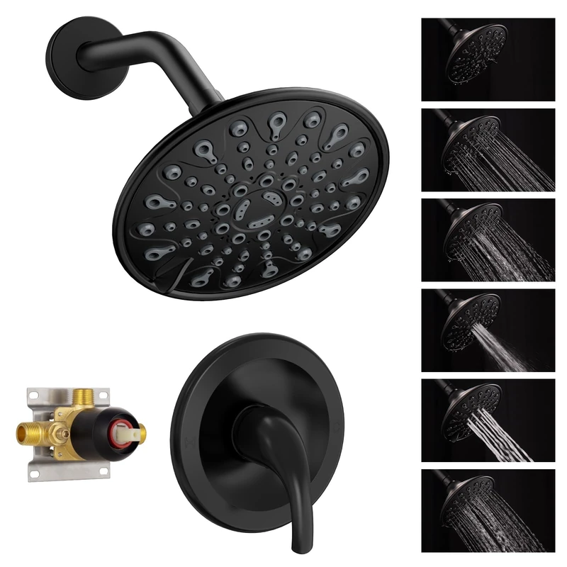 EMBATHER Shower Faucet with Valve,Shower Faucets Sets Complete with 6 Spray Touch-Clean Shower Head,Single Function Shower Trim Kit,Matte Black