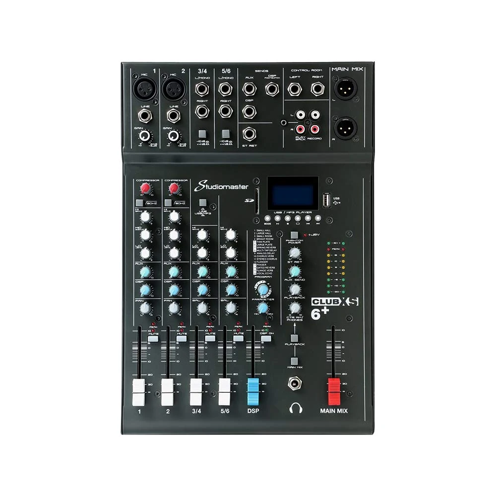 Studiomaster CLUB XS6+ 6 Channel PA Mixing Desk - Bluetooth Audio Mixer with USB/SD Recording, 16 DSP Effects, Phantom Power & Compression for DJ & Live Sound