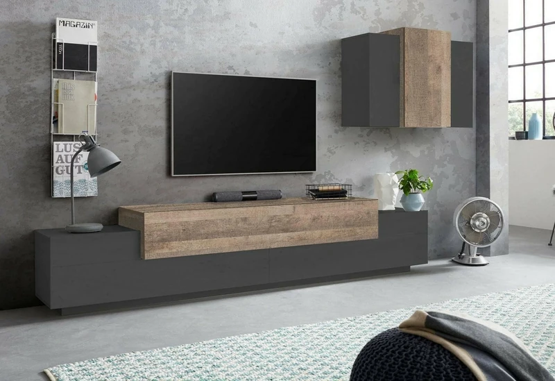 Dmora - TV wall unit Ruben, TV stand living room set, Multipurpose living room furniture, 100% Made in Italy, cm 240x45h180, Anthracite and Maple