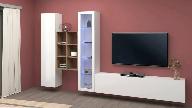 Dmora - TV wall unit Eugenio, Living room set TV stand with 3 doors, Multipurpose living room furniture with showcase and LED light, 100% Made in Italy, cm 320x30h180, Glossy white