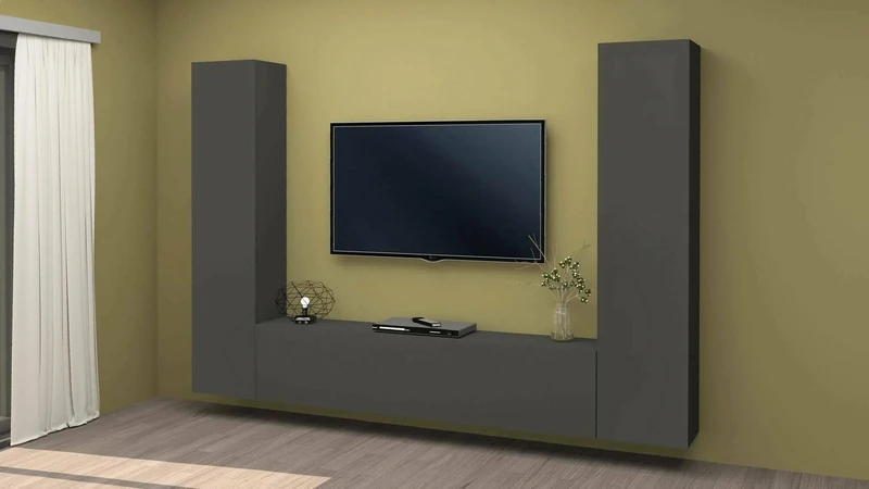 Dmora - TV wall unit Giordano, Living room set TV stand with 3 doors, Multipurpose living room furniture, 100% Made in Italy, cm 260x30h180, Anthracite