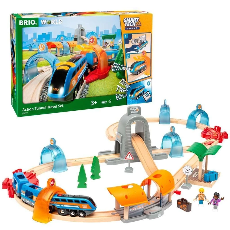 BRIO World Smart Tech Sound Action Tunnel Travel Battery Powered Train Set for Children Age 3 Years Up - Kids Gifts