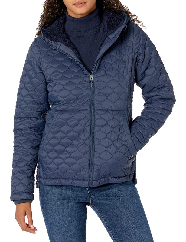 Amazon Essentials Women's Lightweight Water-Resistant Sherpa-Lined Hooded Puffer, Navy, Medium