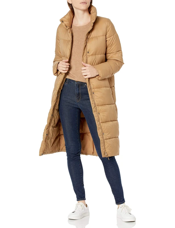 Amazon Essentials Women's Lightweight Full-Zip Water-Resistant Long Cocoon Puffer Winter Coat, Mushroom Brown, L