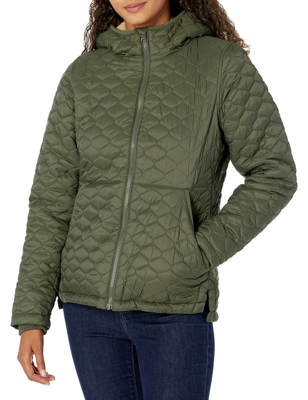 Amazon Essentials Women's Lightweight Water-Resistant Sherpa-Lined Hooded Puffer, Olive, Large