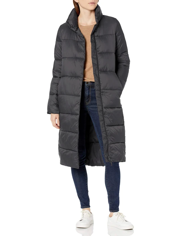 Amazon Essentials Women's Lightweight Full-Zip Water-Resistant Long Cocoon Puffer Winter Coat, Charcoal, XS