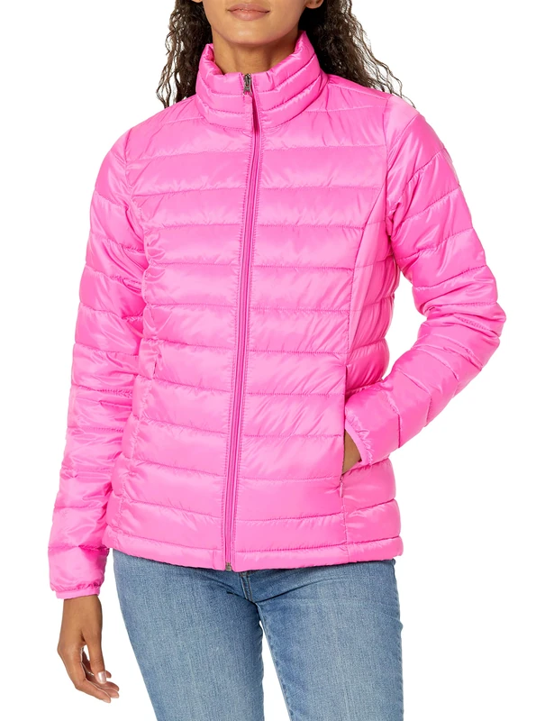 Amazon Essentials Women's Lightweight long-sleeved, water-resistant, packable puffer jacket (available in plus size), Neon Pink, M