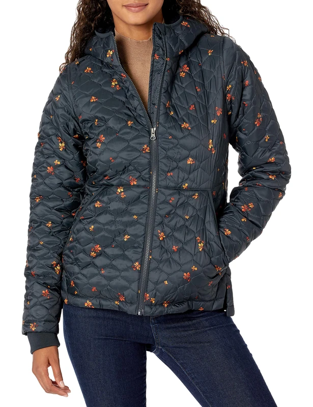 Amazon Essentials Women's Lightweight Water-Resistant Sherpa-Lined Hooded Puffer, Black Leafy Floral, Medium