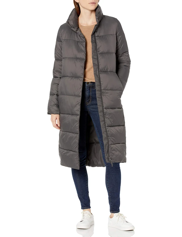 Amazon Essentials Women's Lightweight Full-Zip Water-Resistant Long Cocoon Puffer Winter Coat, Charcoal, M
