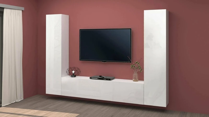 Dmora - TV wall unit Giordano, Living room set TV stand with 3 doors, Multipurpose living room furniture, 100% Made in Italy, cm 260x30h180, Glossy white