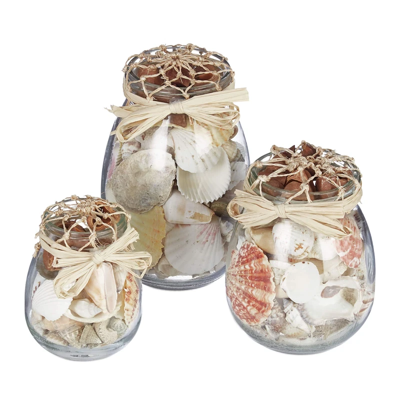 Relaxdays Seashell Jar, Set of 3, Natural Shell Mix, Nautical Style, Glasses in Different Sizes, Bathroom Decoration