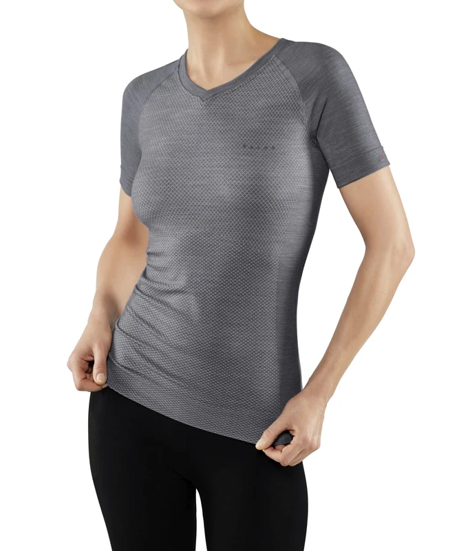 FALKE Women's Wool-Tech Light V Neck W S/s Ts Functional Yarn Quick Dry 1 Piece Base Layer Top, Grey Grey-Heather 3757, S
