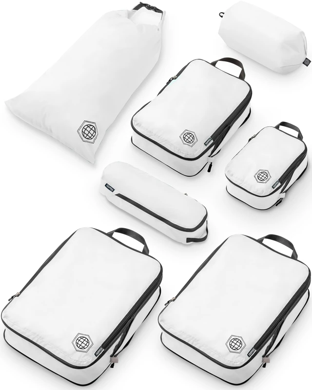 Extra Large Compression Packing Cubes for Travel-Extra Large Packaging Cube Luggage Organizers 7 Piece Set-Ultralight, Expandable/Compression Bags for Clothes (White/Grey)