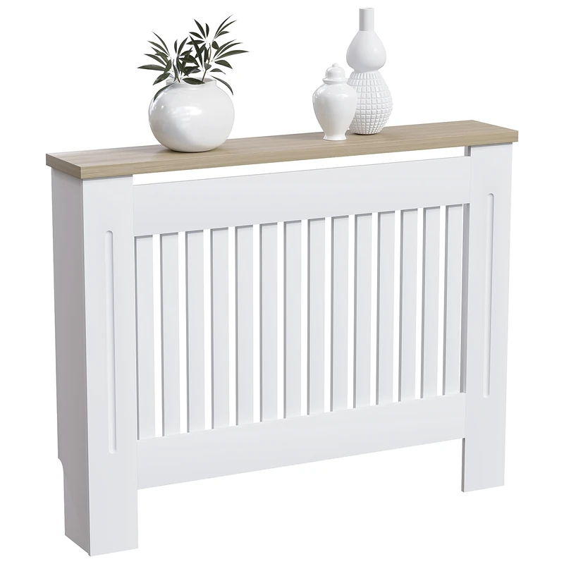 Vida Designs Arlington Radiator Cover White - Medium - Modern Shaker Style Vertical Slat Design For Optimal Heat Circulation - H83.3xW111xD19cm - Painted MDF Cabinet with Wood Top Shelf