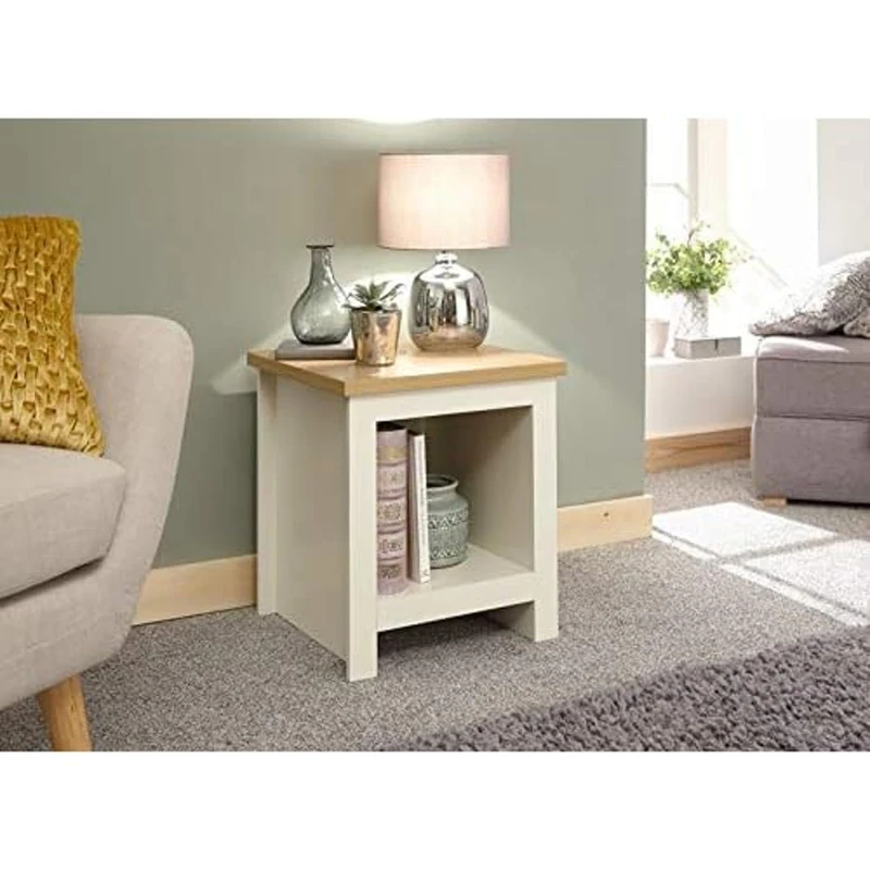 GFW Lancaster Wooden Side Table with Shelf & Oak Contrast Top, Living Room Side Tables Furniture For Display & Storage, Oak, Cream, 45 x 50.5 x 45 cm