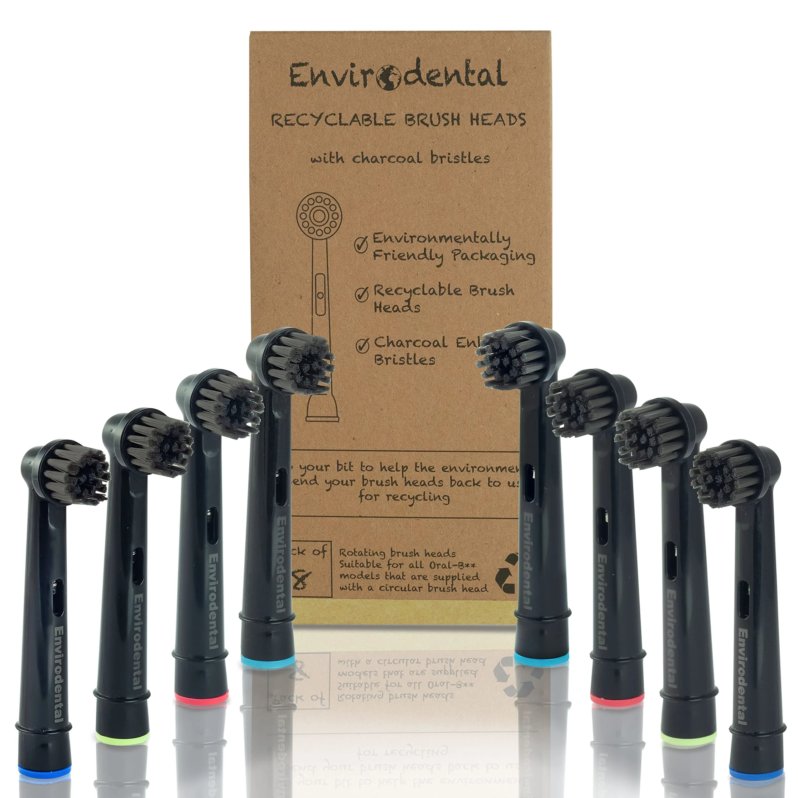 Eco Friendly Replacement Toothbrush Heads in Black by Envirodental - Fully Recyclable Pack of 8 Brushes - with Activated Charcoal Bristles - for Electric Toothbrushes