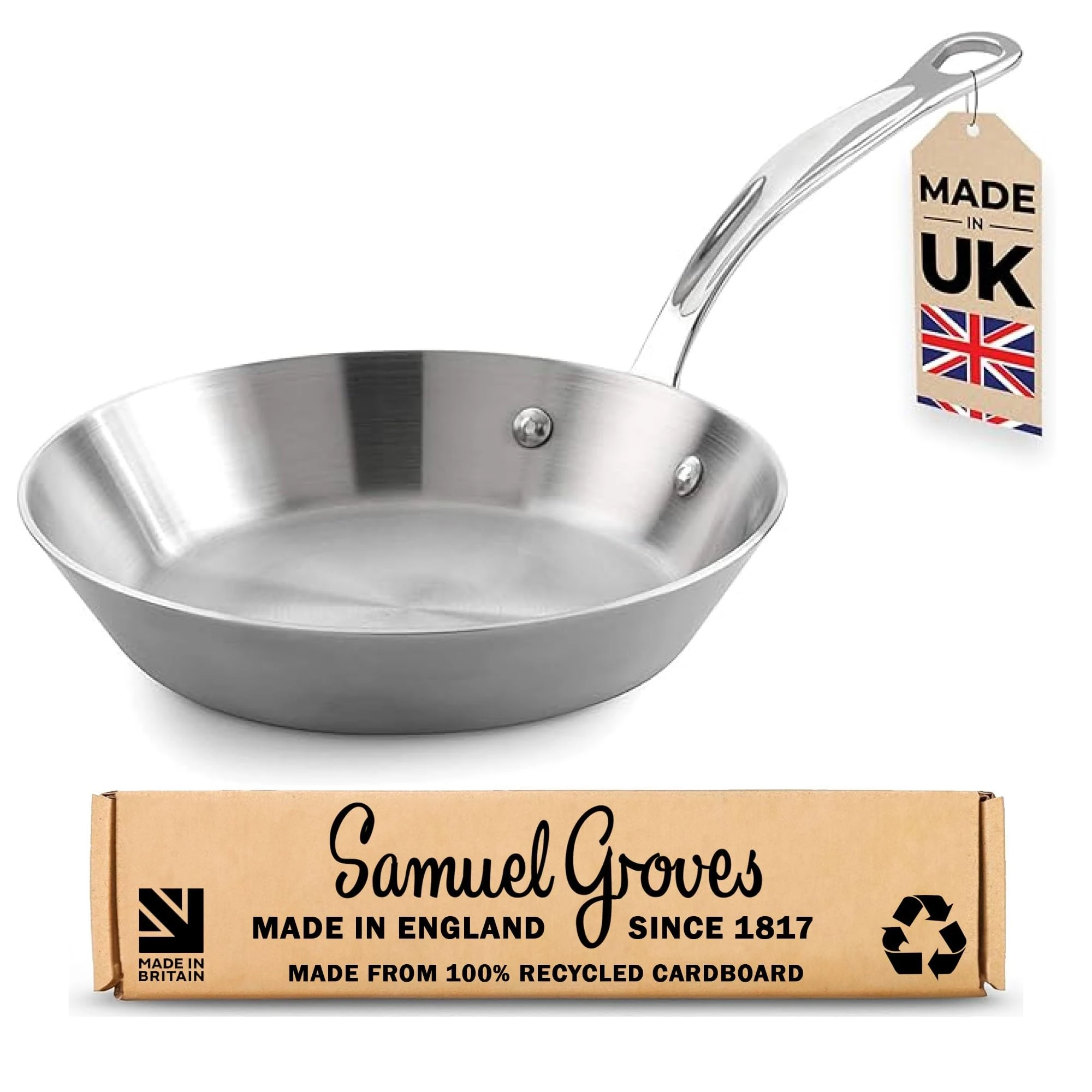 Samuel Groves - Classic Stainless Steel Tri-Ply Frying Pan - Rapid Heat Distribution - Suitable for All Hobs, Including Induction Made in England (20cm)
