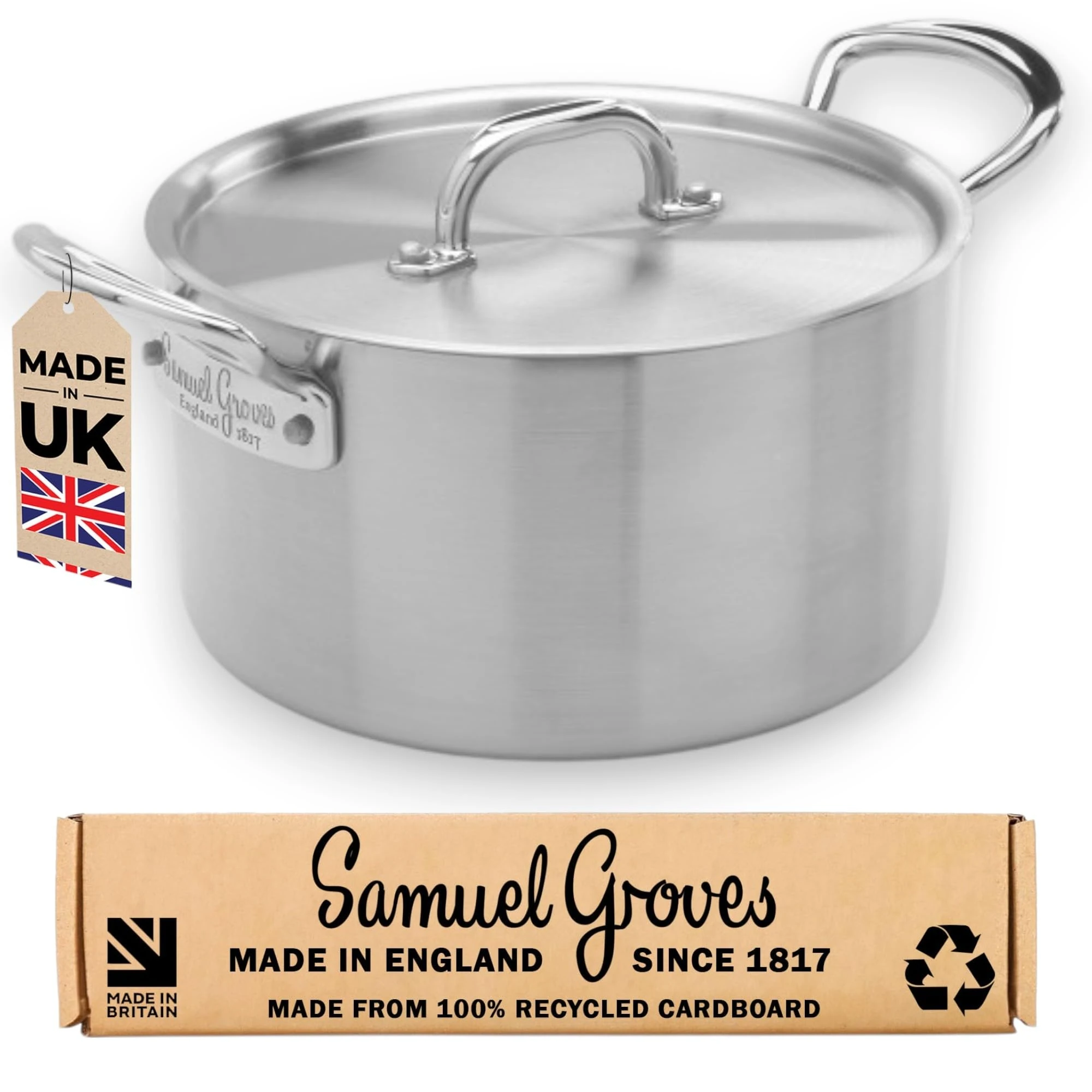 Samuel Groves - 26cm Stainless Steel Tri-Ply Casserole Pan With Lid - Made in England