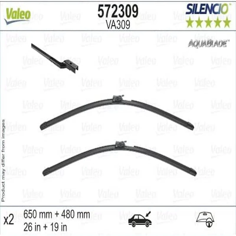 VALEO Silencio Original Aquablade Wiper - VA309 - Kit of Best-in-Class Cleaning and Wiping Performance Heated Wiper Blades 650mm/480mm - Front - Set of 2 Wiper Blades - 572309