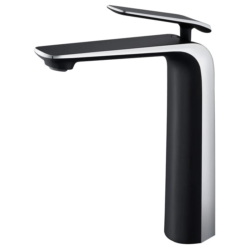 TOCALOCA Modern Brass Vessel Sink Faucet, Matte Black & Polished Chrome Finish, Single Handle, 1 Hole, Aerated Stream, 23.6 Inch Hose, Surface Mounted, Bathroom Use