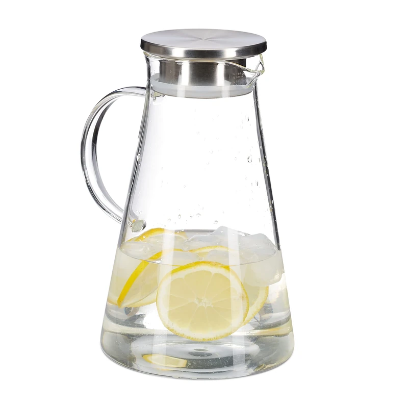 Relaxdays Glass Pitcher, 1.8 L, Stainless Steel Lid, Water, Wine, Juice, Dishwasher Safe, Carafe, Transparent, Clear