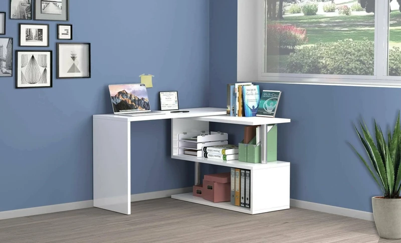 Dmora - Desk Candido, PC holder corner desk, Multipurpose office table, Multiposition space-saving desk, 100% Made in Italy, cm 120x50h75, Glossy white