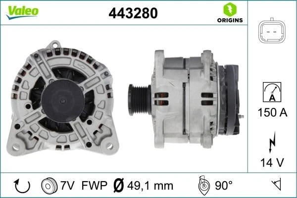 VALEO 443280 Alternator Alternator Charge current: 150 Amp Grooves: 7 grooves Pulley diameter: 49,1 mm Voltage: 14 V Rotation direction: CLOCKWISE