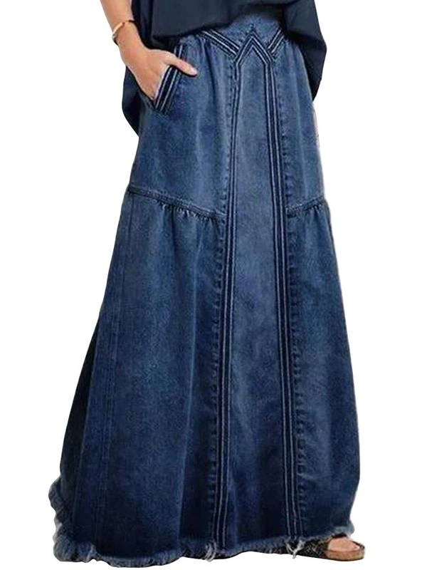 ebossy Women's Casual Elastic Waist Frayed Hem A-Line Distressed Hippie Long Maxi Denim Skirt - Blue - XX-Large