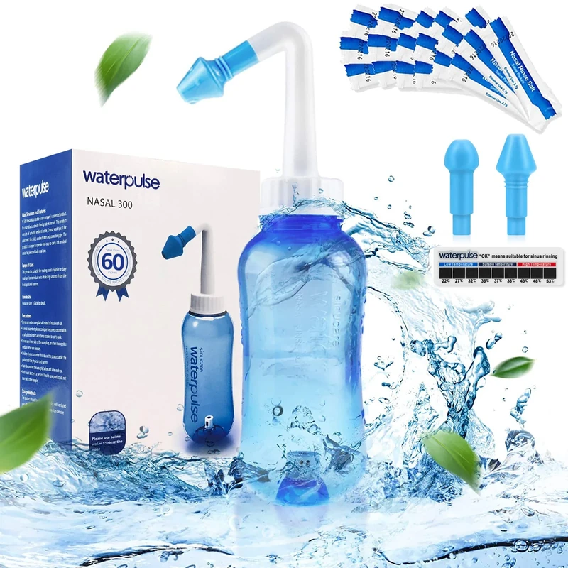 Waterpulse Neti Pot Sinus Rinse,300ML Nasal Irrigation with 60 Nasal Wash Salt Packets and Sticker Thermometer,Nose Washing Cleaner Bottle Cleaner Pressure for Adult & Kid BPA Free