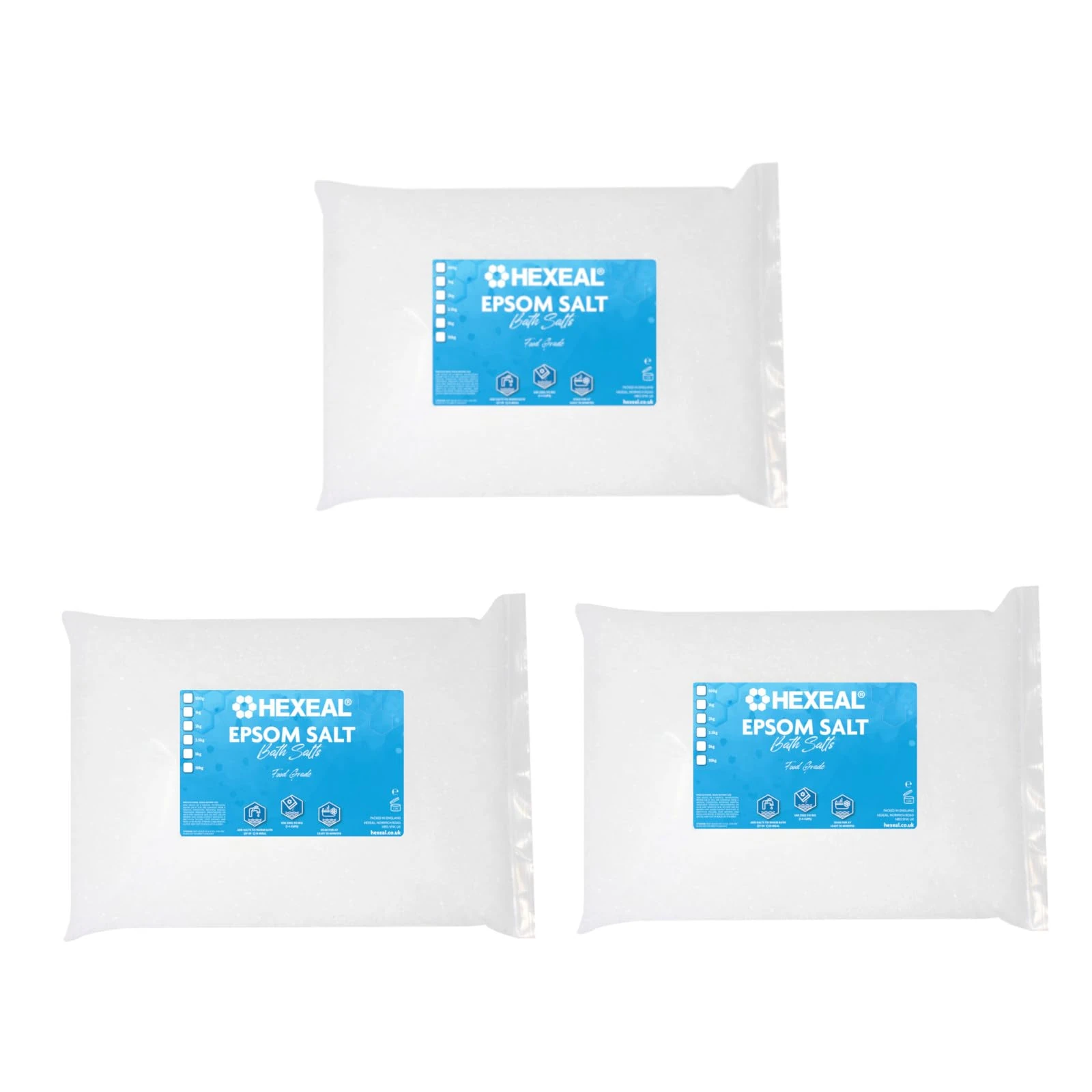 Hexeal Epsom Salt 15kg – 3 x 5kg Bags of Food Grade Magnesium Sulphate for Bathing, Gardening & Household Use – Suitable for Personal Care, Soil Enrichment, and More