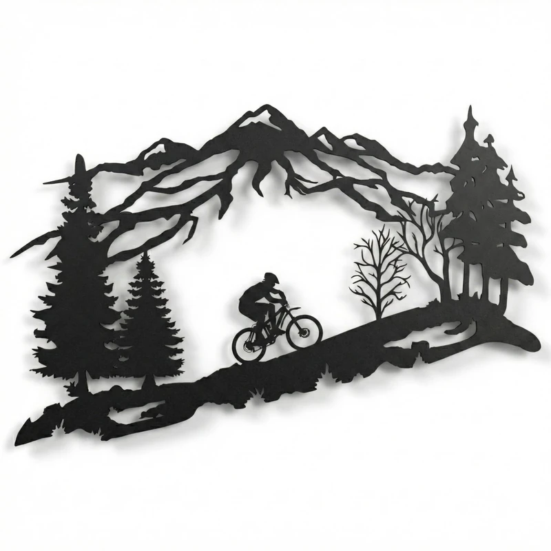 DEKADRON Metal Biker Wall Art, Mountain Tree and Cyclist Themed Wall Art, Metal Wall Decor, Bicycle Lover Gift, Home Decoration, Wall Hangings (18" W x 11" H / 45x29 cm)
