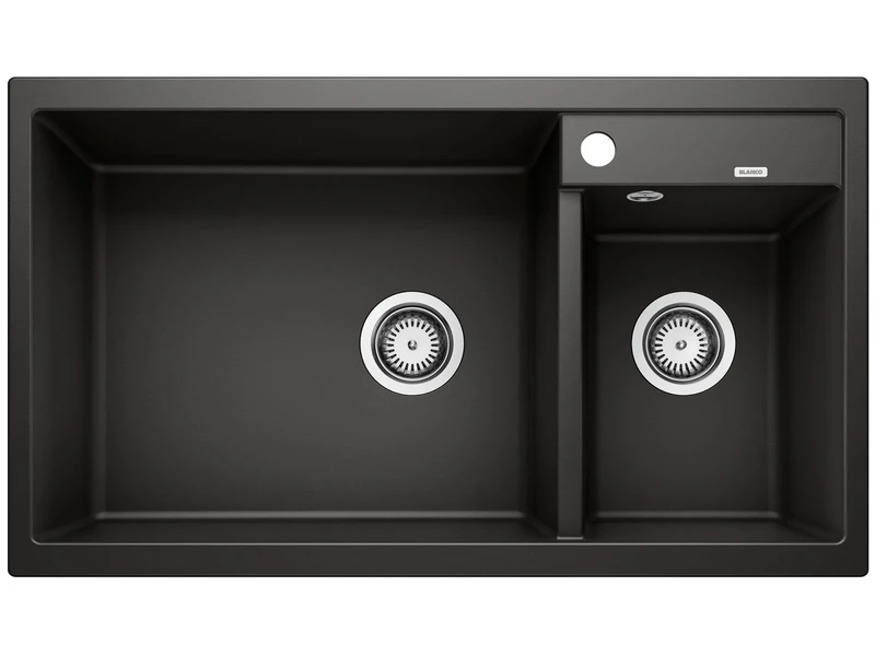BLANCO METRA 9 | SILGRANIT Sink in Black | Installation Type: Inset Installation from Above | Main Bowl on The Left | for 90 cm Wide Base cabinets | User-Friendly Double Bowl | [86x50x20.2 cm]