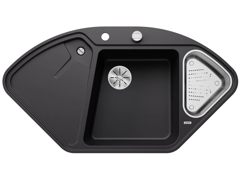 BLANCO Delta II-F | SILGRANIT Granite Sink in Black | Installation Type: flushmount | Main Bowl on The Left | for 80 cm Wide Base cabinets | Corner Sink | Ergonomic Layout | [104.2x56x19.5 cm]
