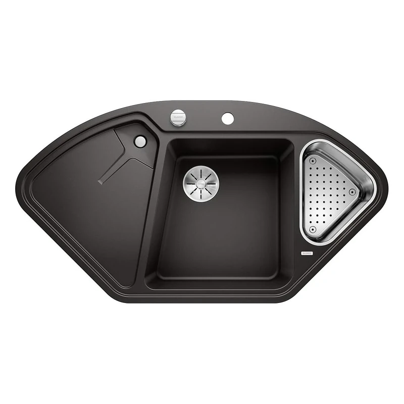 BLANCO Delta II Granite Sink Made of Silgranit Black Installation Type: Installation from Top Main Bowl Left for 80 cm-Wide Base Cabinets Corner Sink Ergonomic Arrangement of Work Area