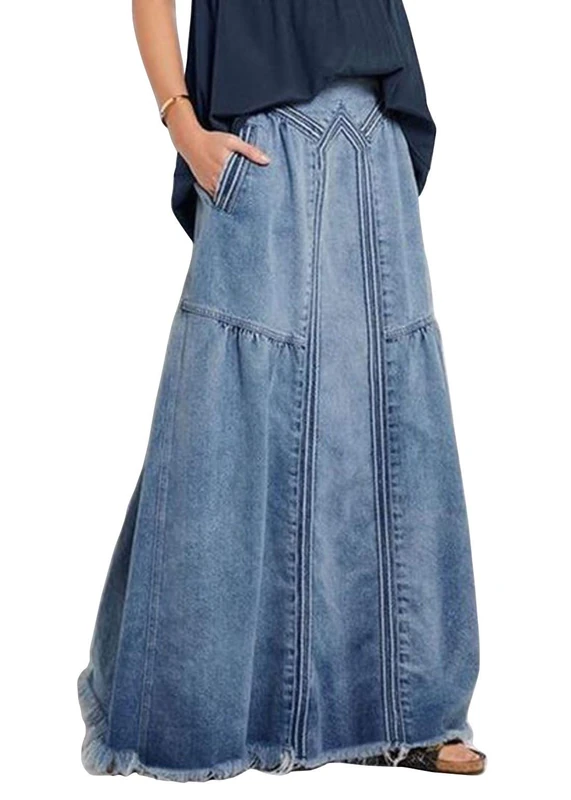 ebossy Women's Casual Elastic Waist Frayed Hem A-Line Distressed Hippie Long Maxi Denim Skirt - Blue - Medium