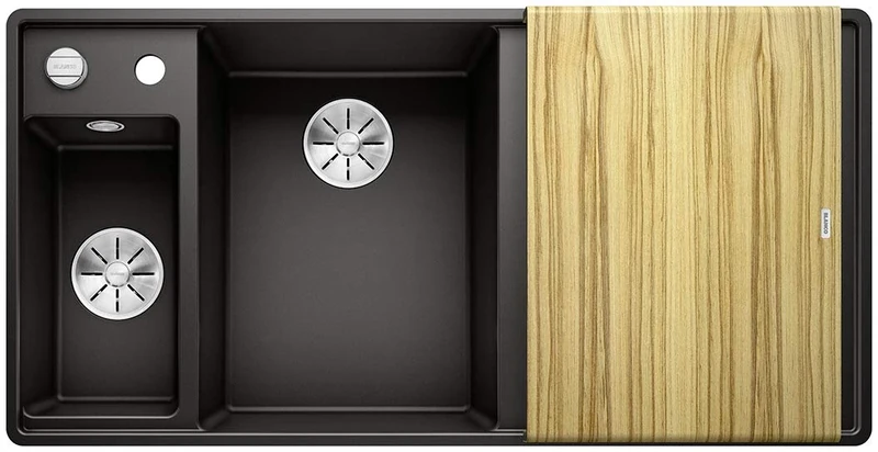 BLANCO AXIA III 6 S-F | SILGRANIT Granite Sink in Black | Installation Type: flushmount | Main Bowl on The Left | with Wooden Cutting Board | for 60 cm Wide Base cabinets | [99x50x20.2 cm]