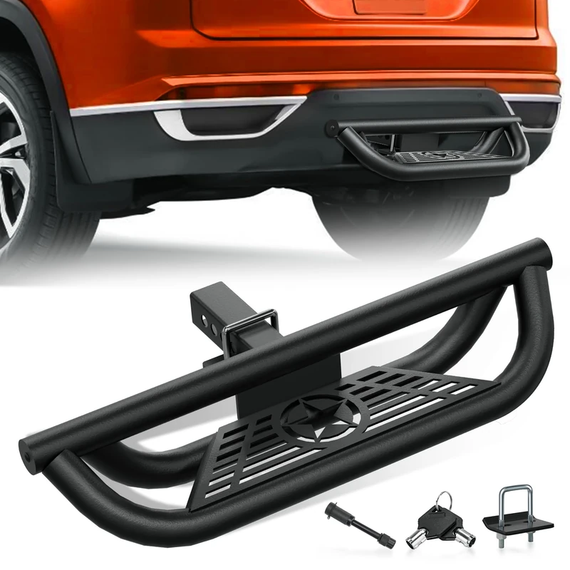 BESKE Textured Tow Hitch Bumper Step Fits for Truck Vehicles Fits Vehicles with 2" Hitch Receiver Textured Black Hitch Bumper Guard Protector with Pin Lock and Stabilize