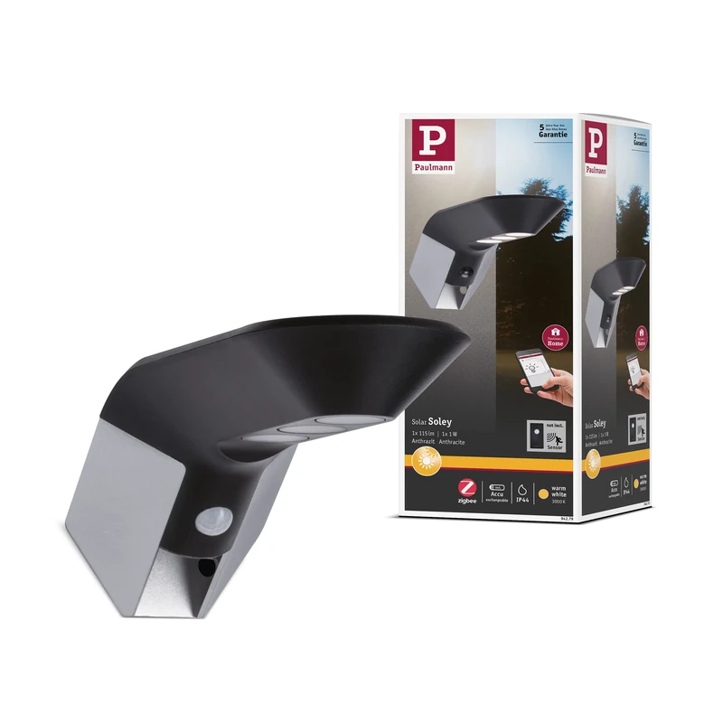 Paulmann 94279 Soley LED Solar Zigbee Wall luminaire incl. 1x1 watt IP44 Splash-Water Protected Anthracite Garden Lighting Plastic, Metal Warm White 3000 K