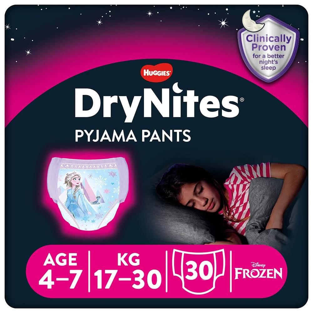HUGGIES DryNites Pyjama Pants, Girl's 4-7 Years (17-30KG), 30 x Bedwetting Pants, Up to 100% Leak Free Nights