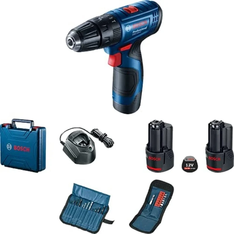 Bosch Professional 12V System GSB 120-LI (Including 2 GBA 12V 2.0Ah Batteries, GAL 12V 10cv Charger, 2 3-Piece Drill and Screw Pliers Set with Handle, case)