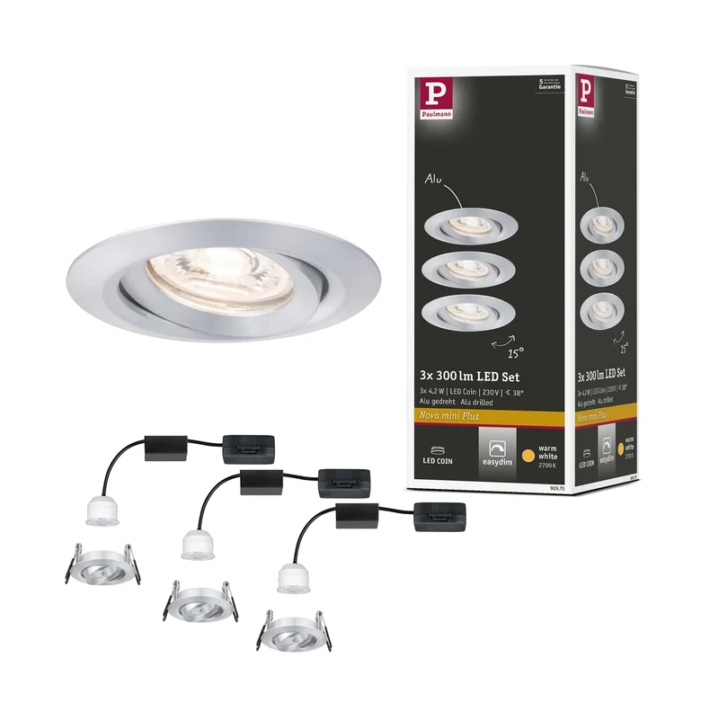 Paulmann 92975 Nova mini Plus LED recessed luminaire Coin EasyDim Round swivelling incl. 3x4.2 watt dimmable recessed Ceiling Spotlight Aluminium recessed lamp Aluminium Warm White 2700 K