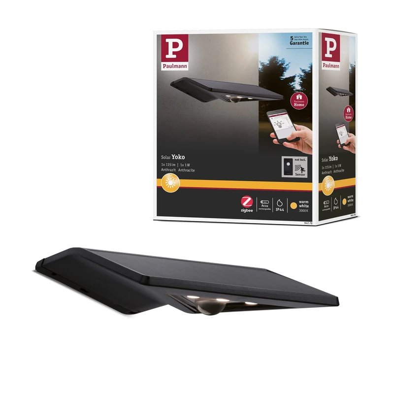 Paulmann 94278 Yoko LED Solar Zigbee Wall luminaire incl. 1x1 watt IP44 Splash-Water Protected Anthracite Garden Lighting Plastic Warm White 3000 K