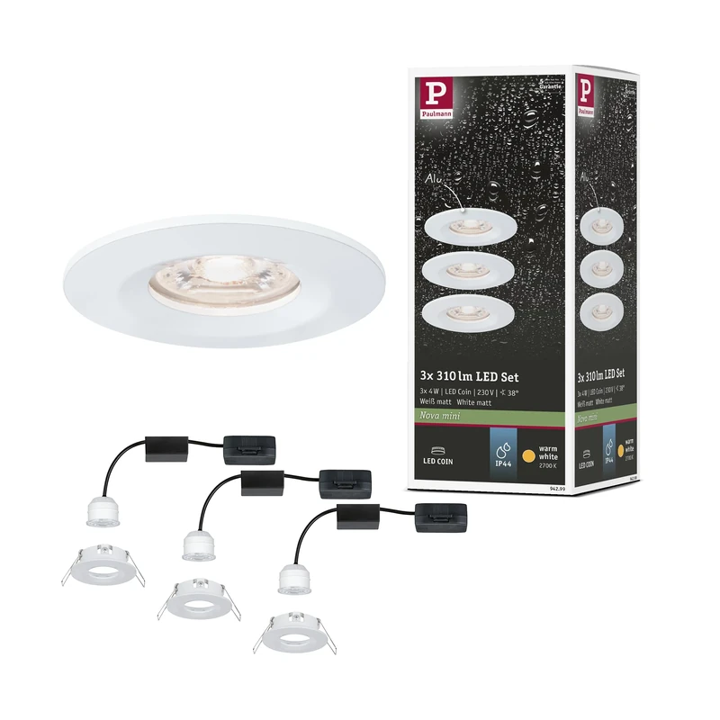 Paulmann 94299 Nova mini LED recessed luminaire Coin Round Rigid incl. 3x4 watt recessed Ceiling Spotlight White matt recessed lamp Aluminium Warm White 2700 K