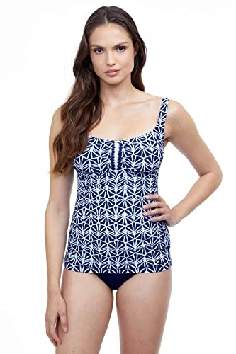 Profile by Gottex Women's Scoop Neck Cup Sized Tankini Top Swimsuit One Piece, Blue/White, 40D